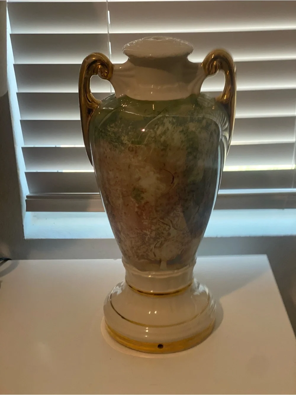 Vintage Green Hand Painted French Porcelain Table Lamp base with Gold Accents